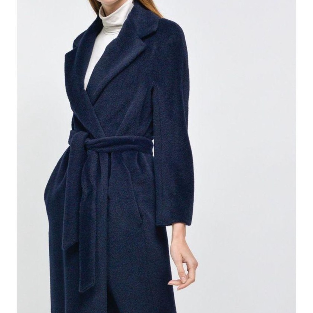 Max Mara Studio Alpaca Blue Navy Wrap Belted Coat, size 42